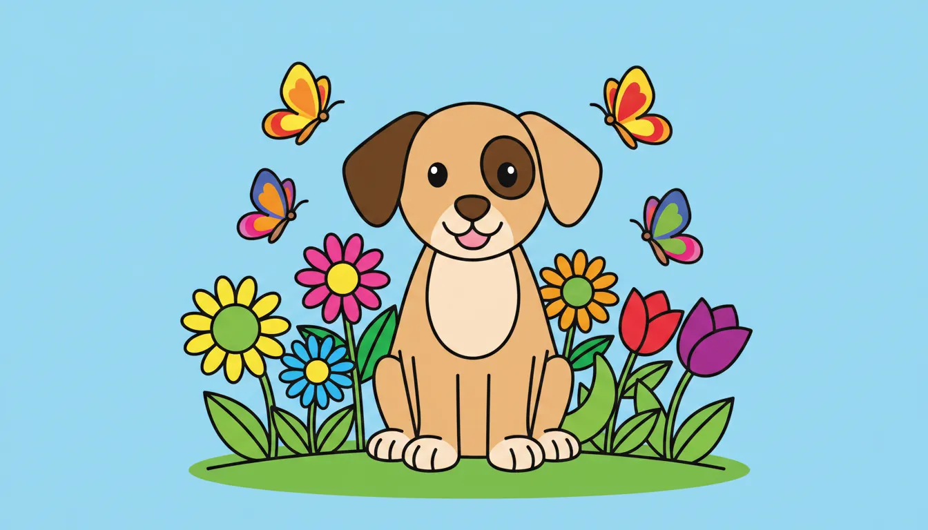 A friendly dog sitting in a flower bed with butterflies fluttering nearby. coloring page to print