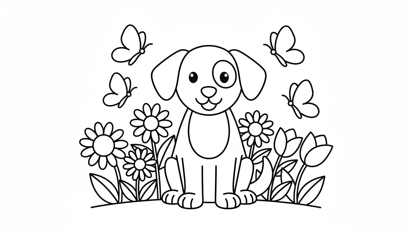 A friendly dog sitting in a flower bed with butterflies fluttering nearby. coloring page to print