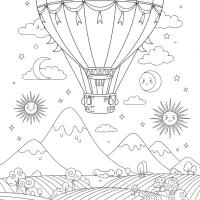 Colorful hot air balloon over mountains and fields