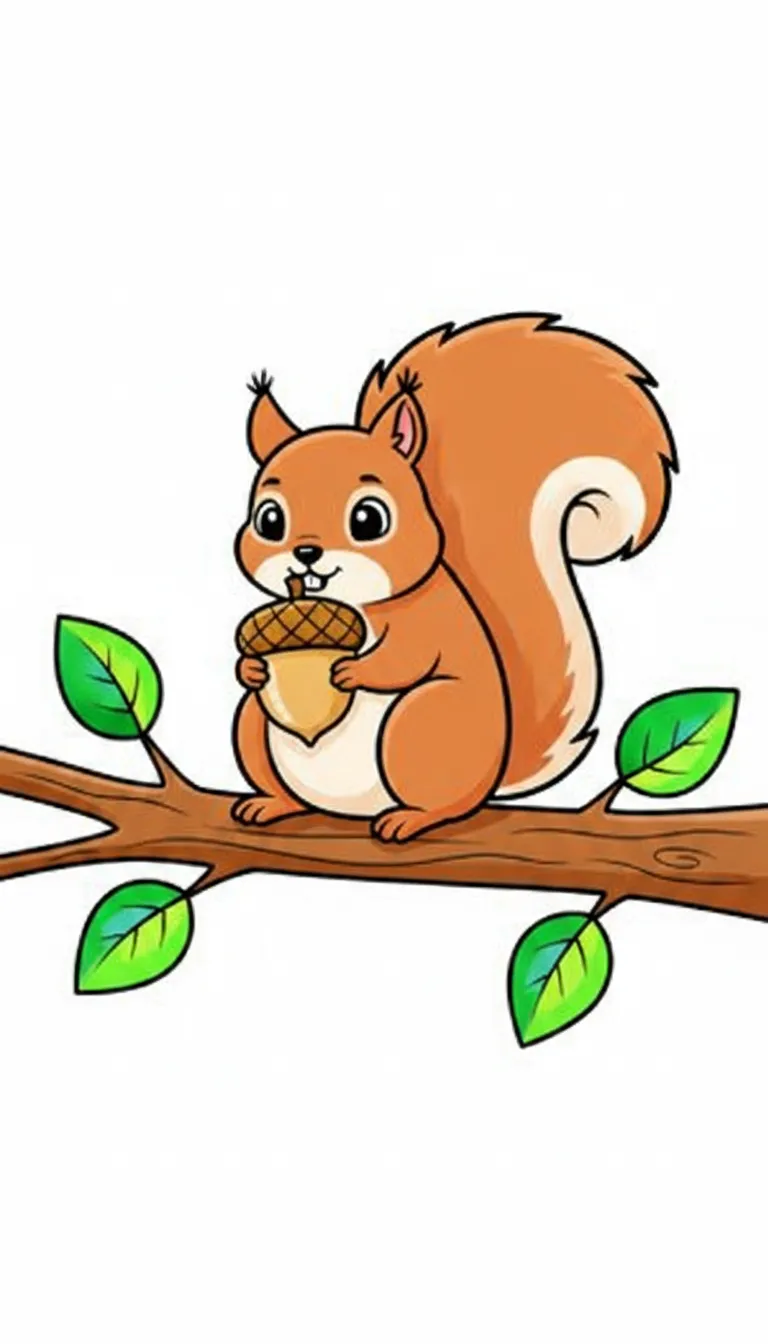 A cute squirrel sitting on a branch eating an acorn. coloring page to print