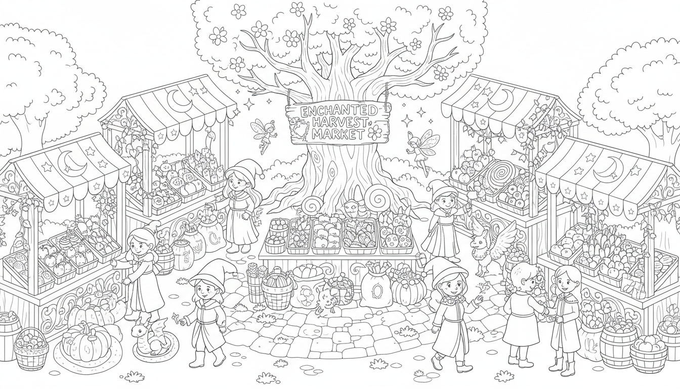 bustling farmers market with fresh produce coloring page to print