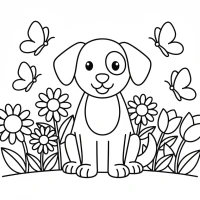 A friendly dog sitting in a flower bed with butterflies fluttering nearby.