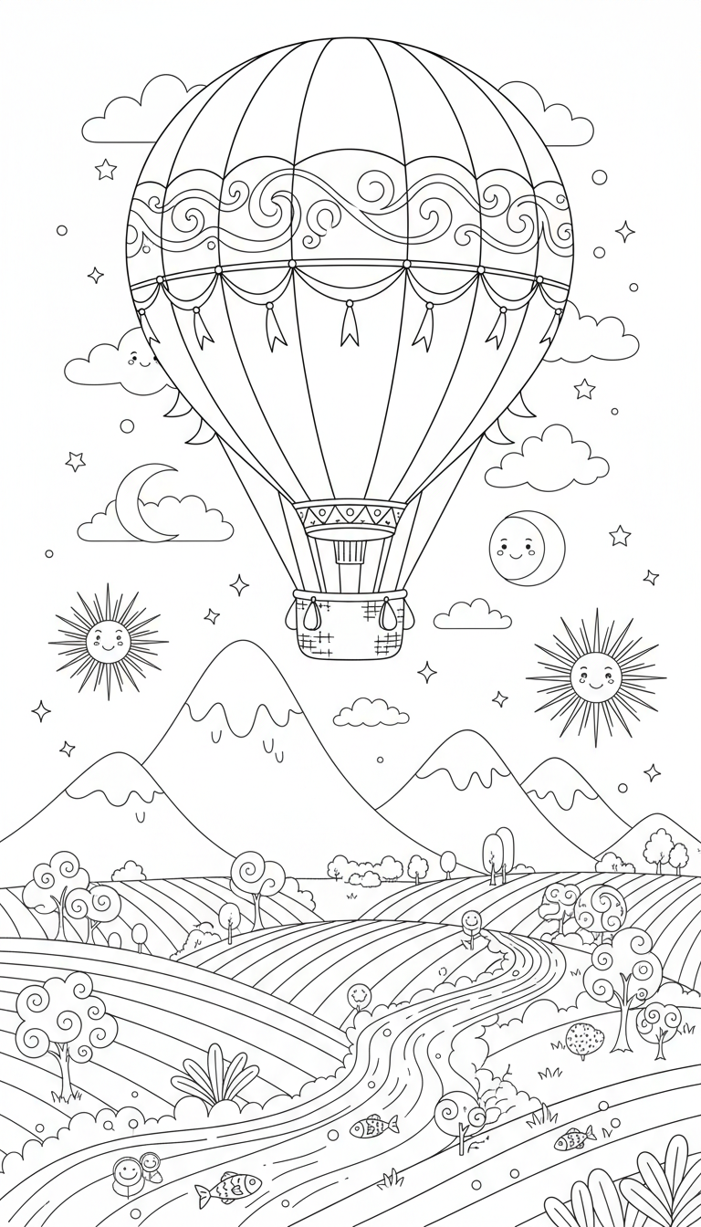 Colorful hot air balloon over mountains and fields coloring page to print