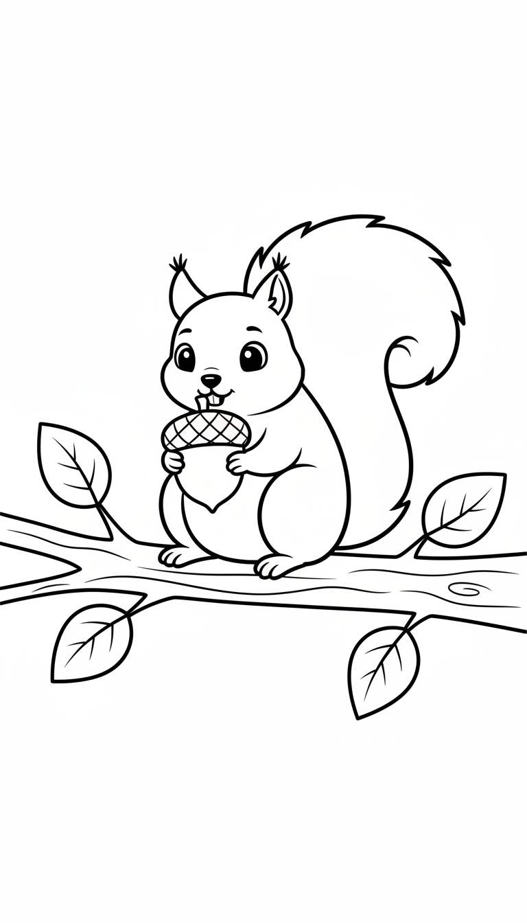 A cute squirrel sitting on a branch eating an acorn. coloring page to print