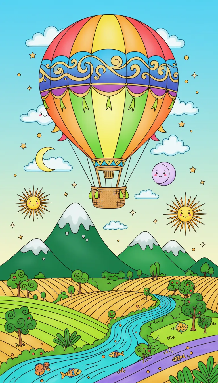 Colorful hot air balloon over mountains and fields coloring page to print