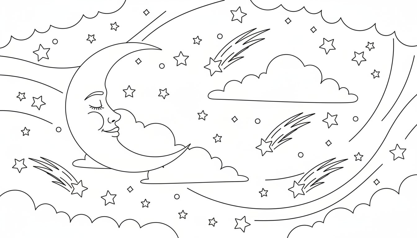 Dreamy night sky with stars and moon coloring page to print