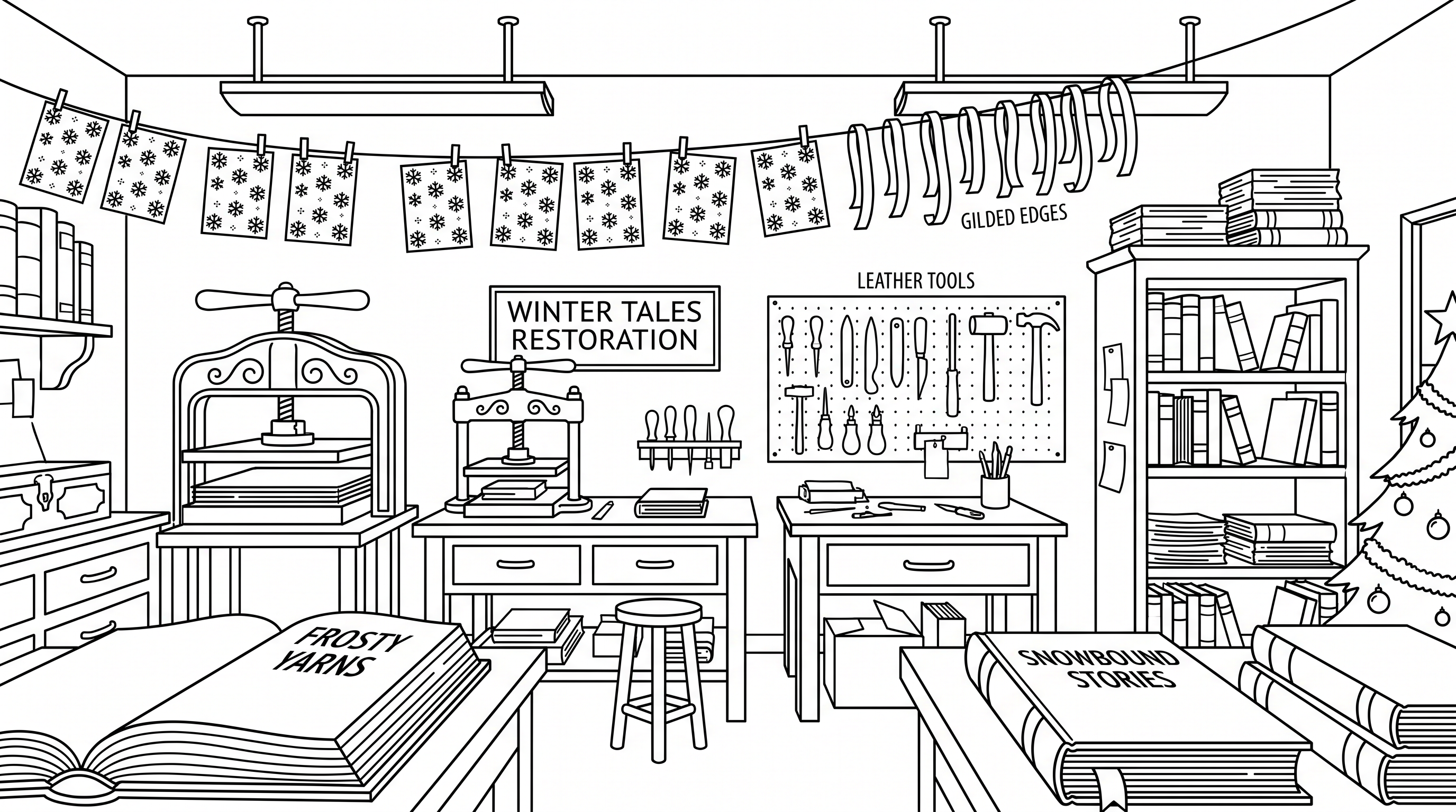 Christmas themed mysterious bookbinding studio coloring page to print