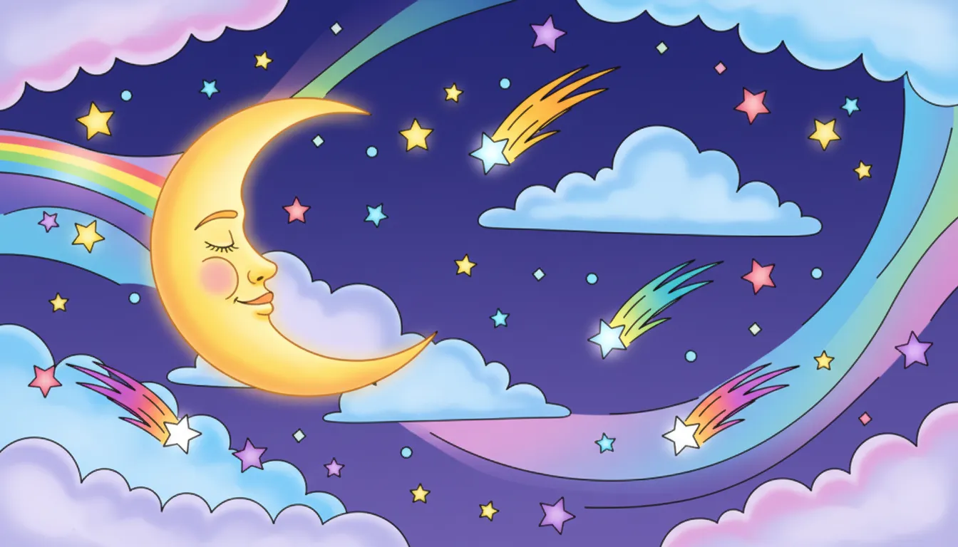 Dreamy night sky with stars and moon coloring page to print