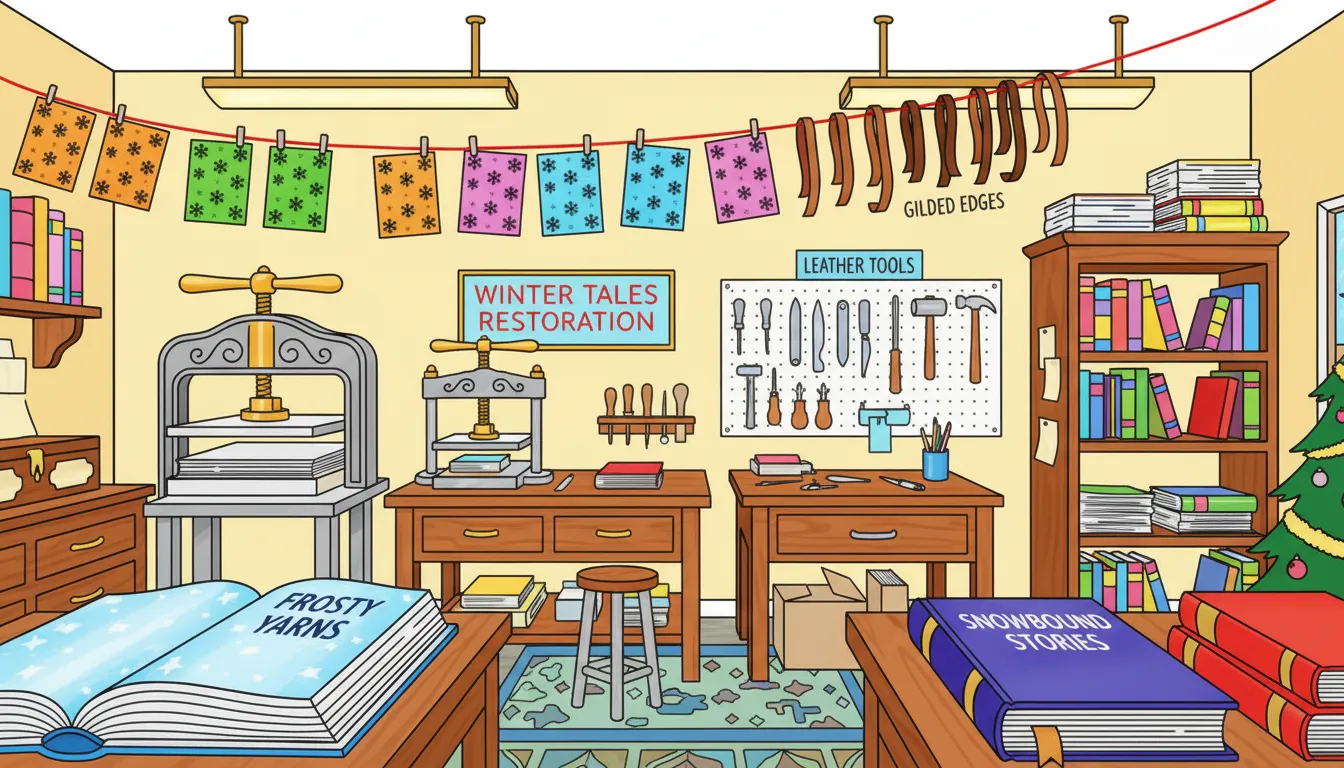 Christmas themed mysterious bookbinding studio coloring page to print