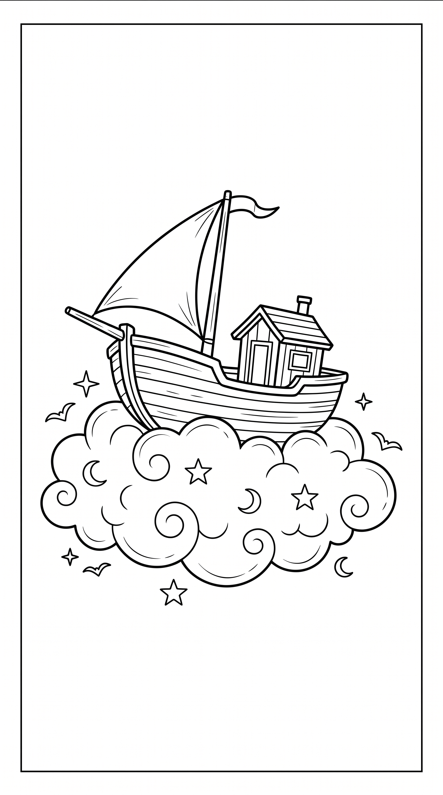 Whimsical boat floating on a cloud in fantasy sky coloring page to print