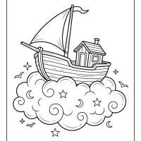 Whimsical boat floating on a cloud in fantasy sky