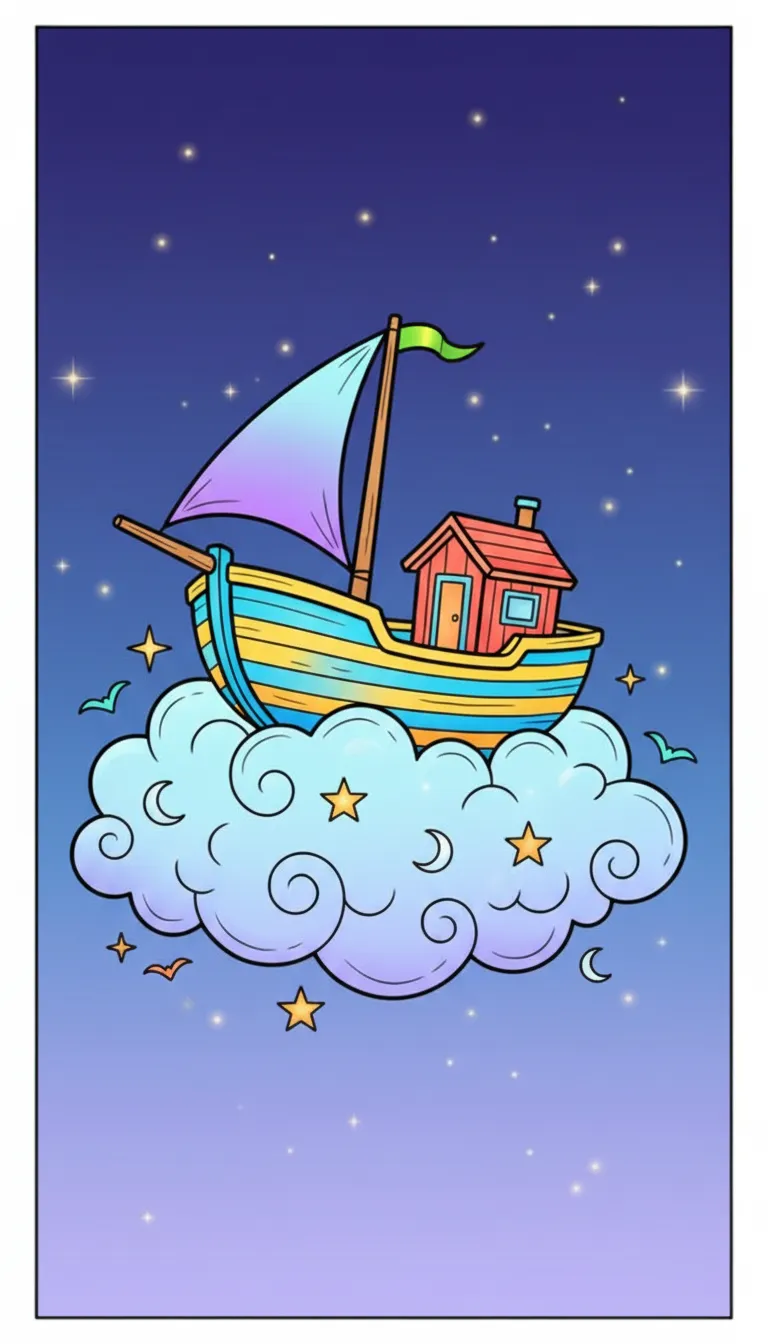 Whimsical boat floating on a cloud in fantasy sky coloring page to print