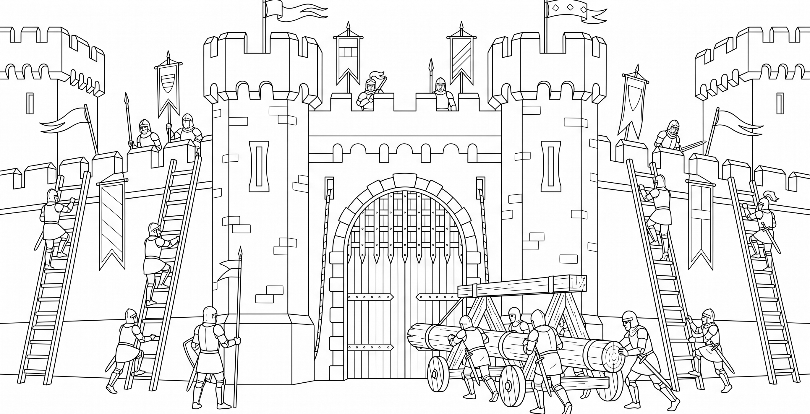 Medieval assault of a fortress with knights coloring page to print