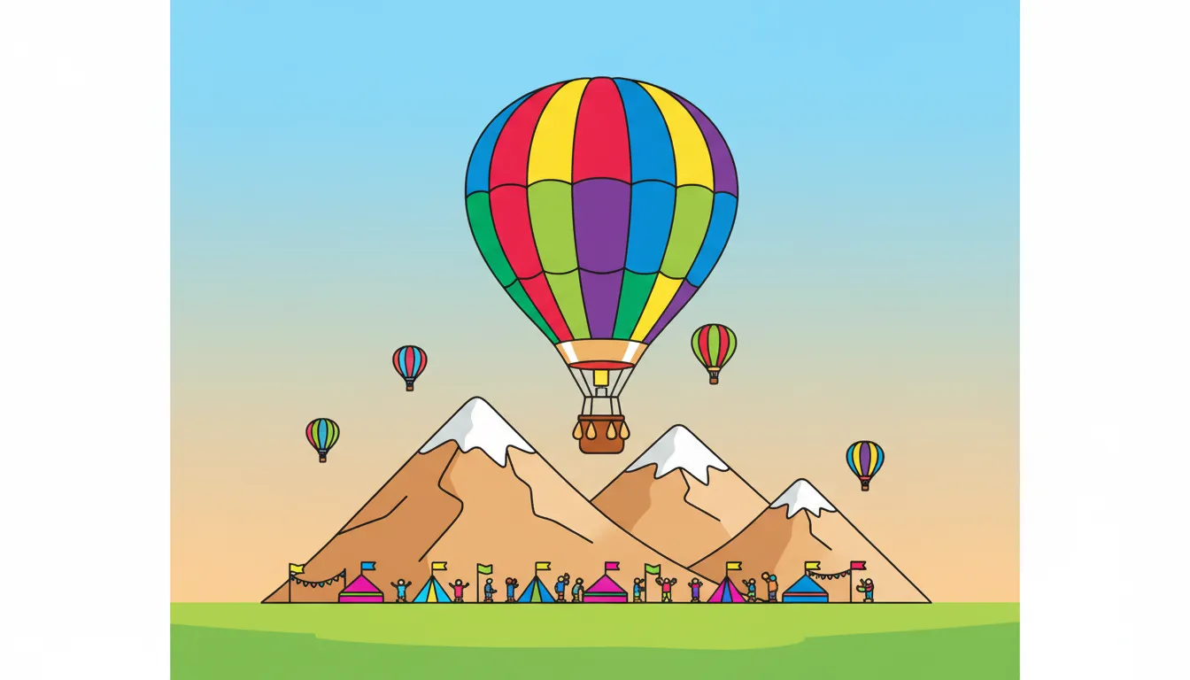 Colorful hot air balloon over mountain festival coloring page to print