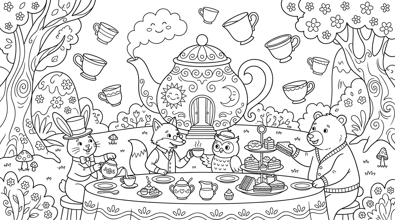 whimsical giant tea party with talking animals and floating teacups coloring page to print