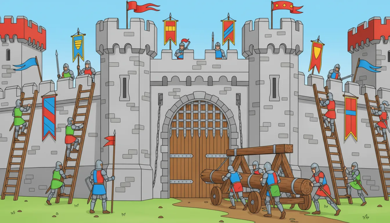 Medieval assault of a fortress with knights coloring page to print