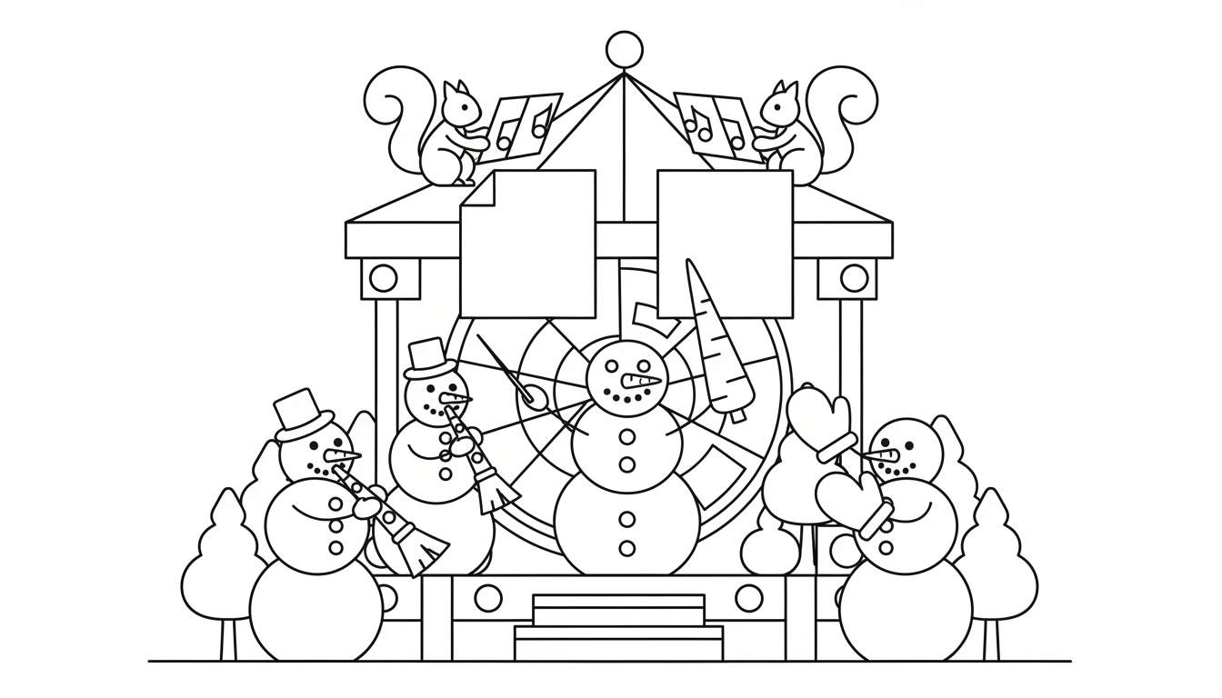 silly snowman orchestra in park coloring page to print