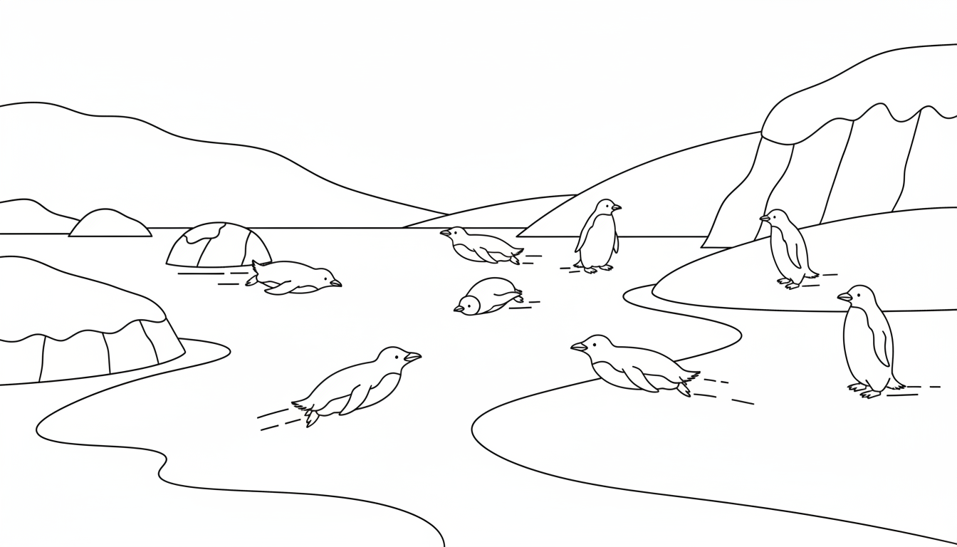 Frozen penguins sliding on ice and snow coloring page to print