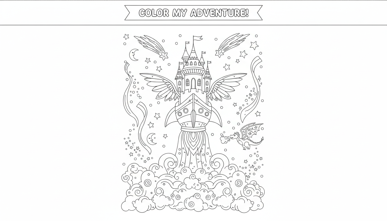 spaceship launching into space with smoke clouds coloring page to print