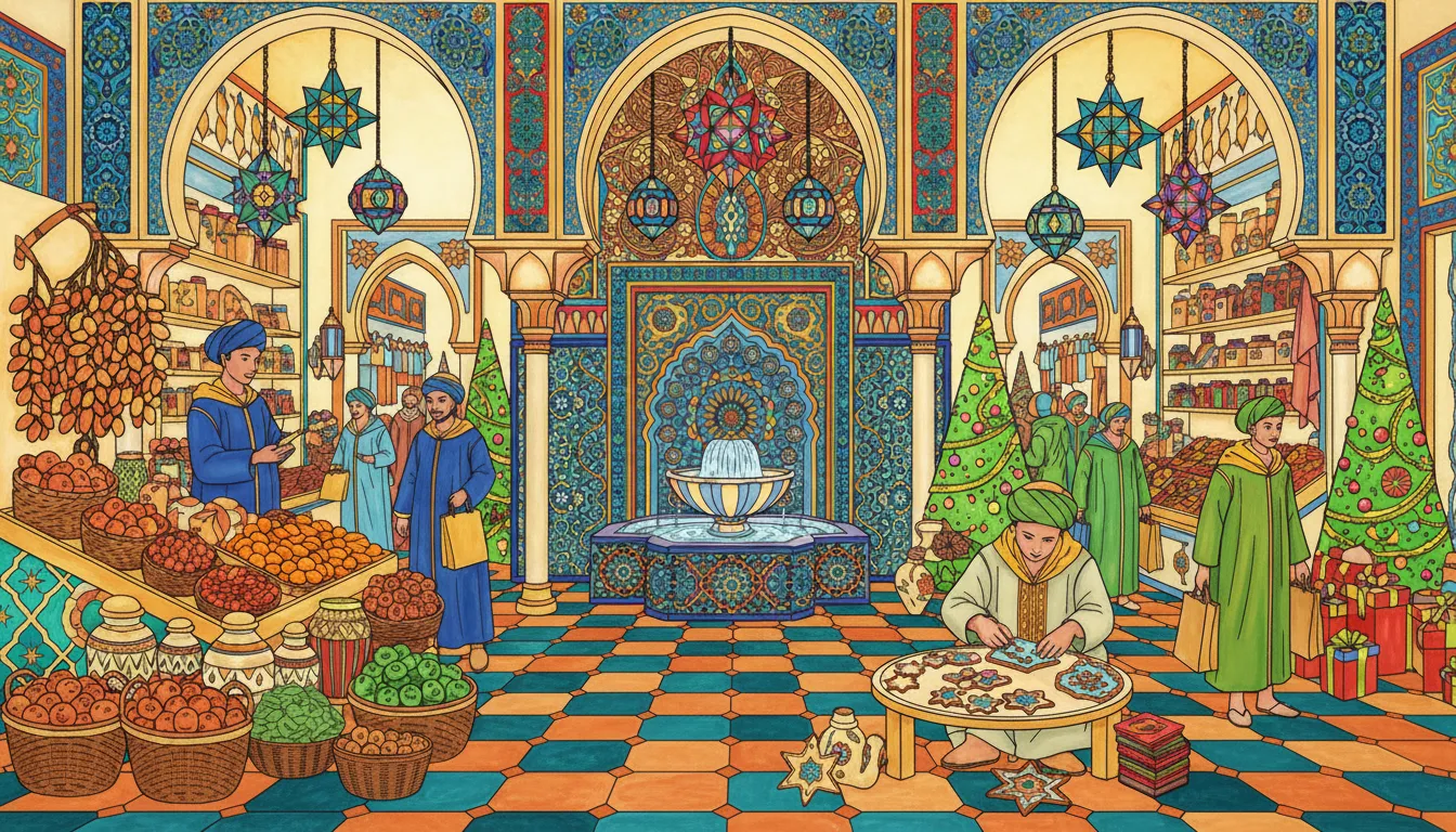 Christmas Moroccan souk with star lamps and stalls coloring page to print