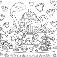 whimsical giant tea party with talking animals and floating teacups
