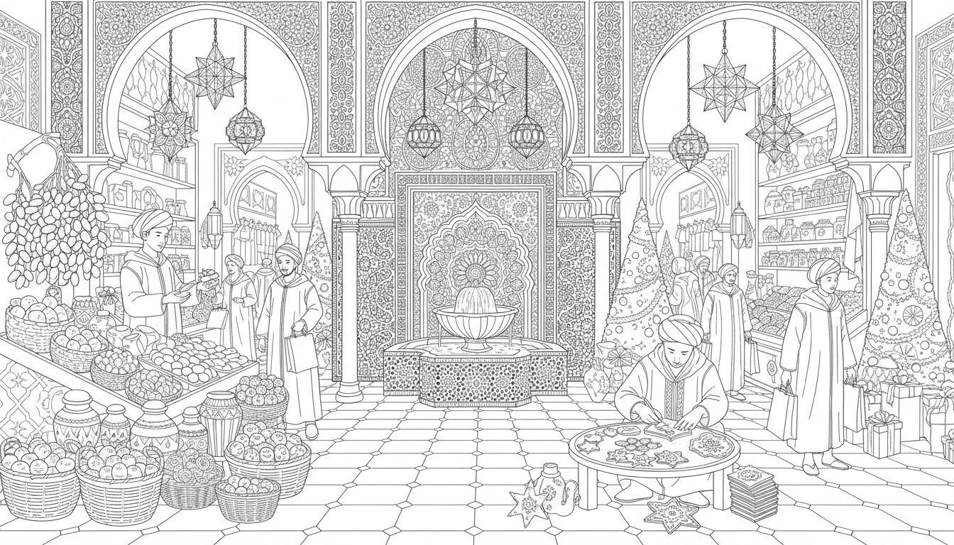 Christmas Moroccan souk with star lamps and stalls coloring page to print