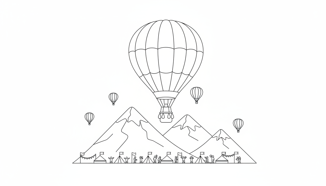 Colorful hot air balloon over mountain festival coloring page to print