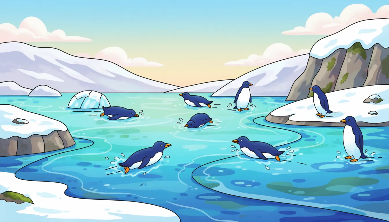 Frozen penguins sliding on ice and snow coloring page to print