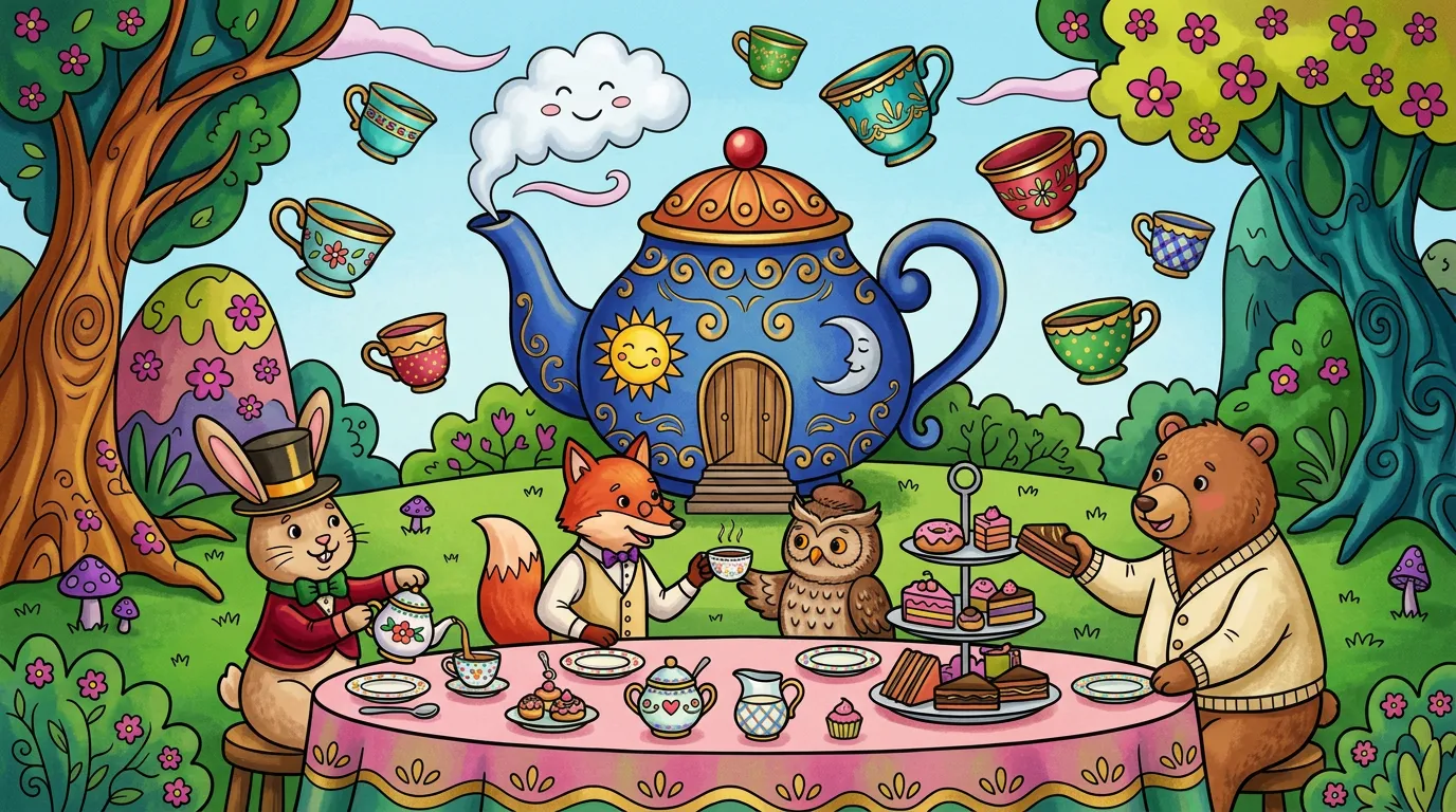 whimsical giant tea party with talking animals and floating teacups coloring page to print