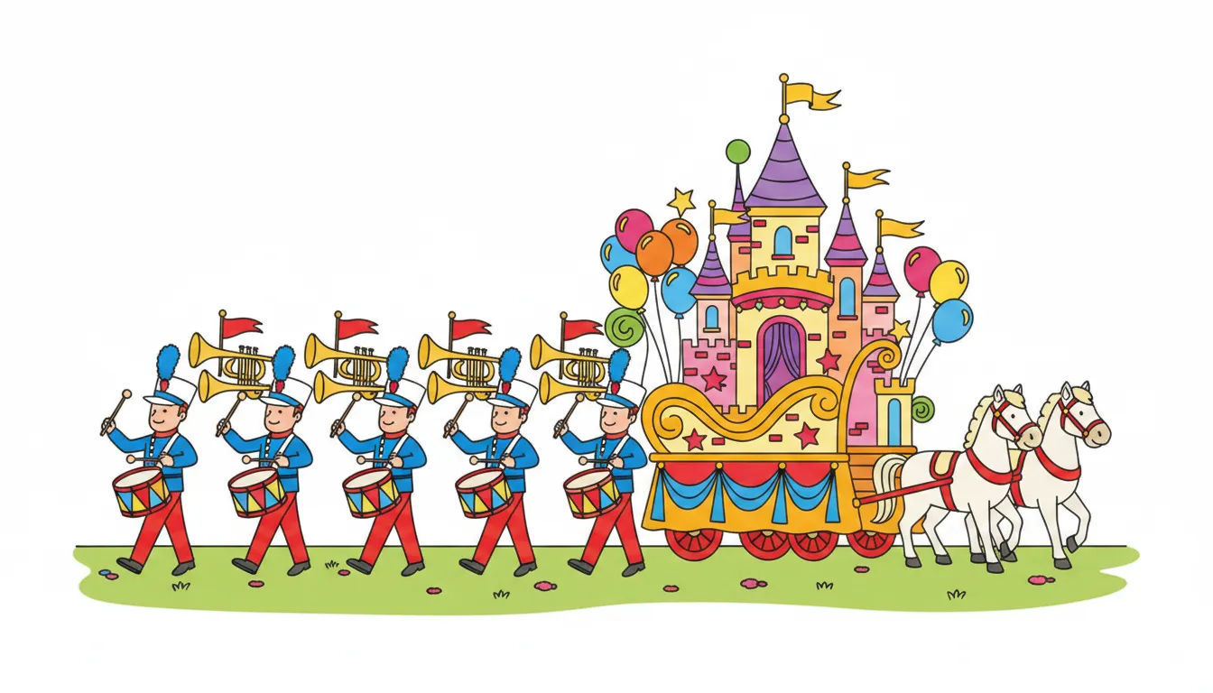 marching band with drummers, trumpets and float coloring page to print