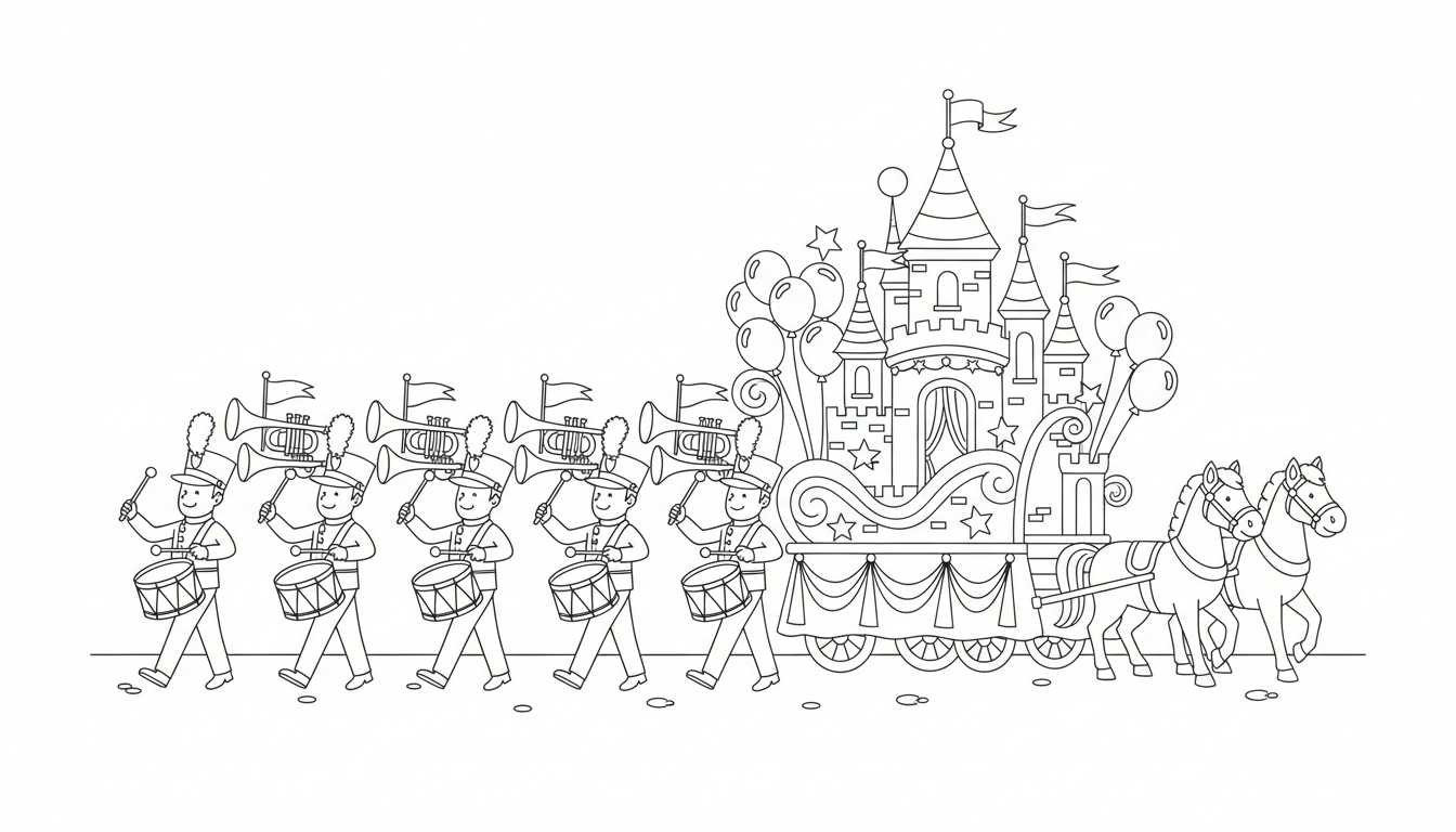 marching band with drummers, trumpets and float coloring page to print