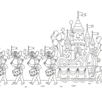 marching band with drummers, trumpets and float