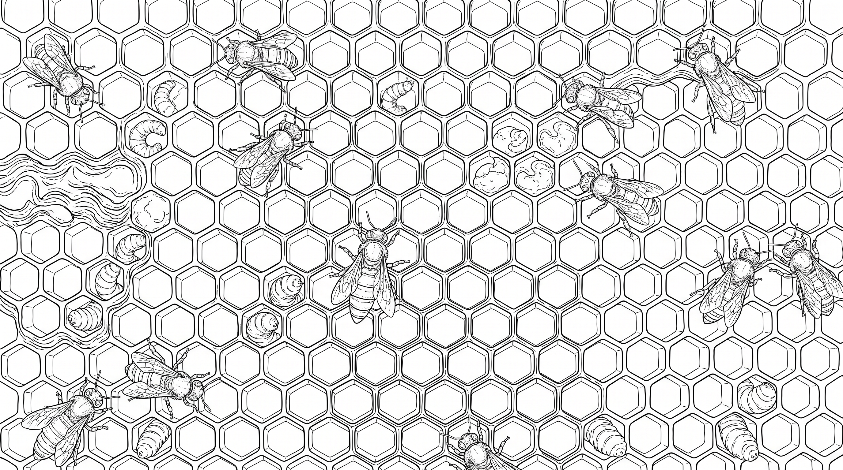 Honeycomb with tiny bees working coloring page to print