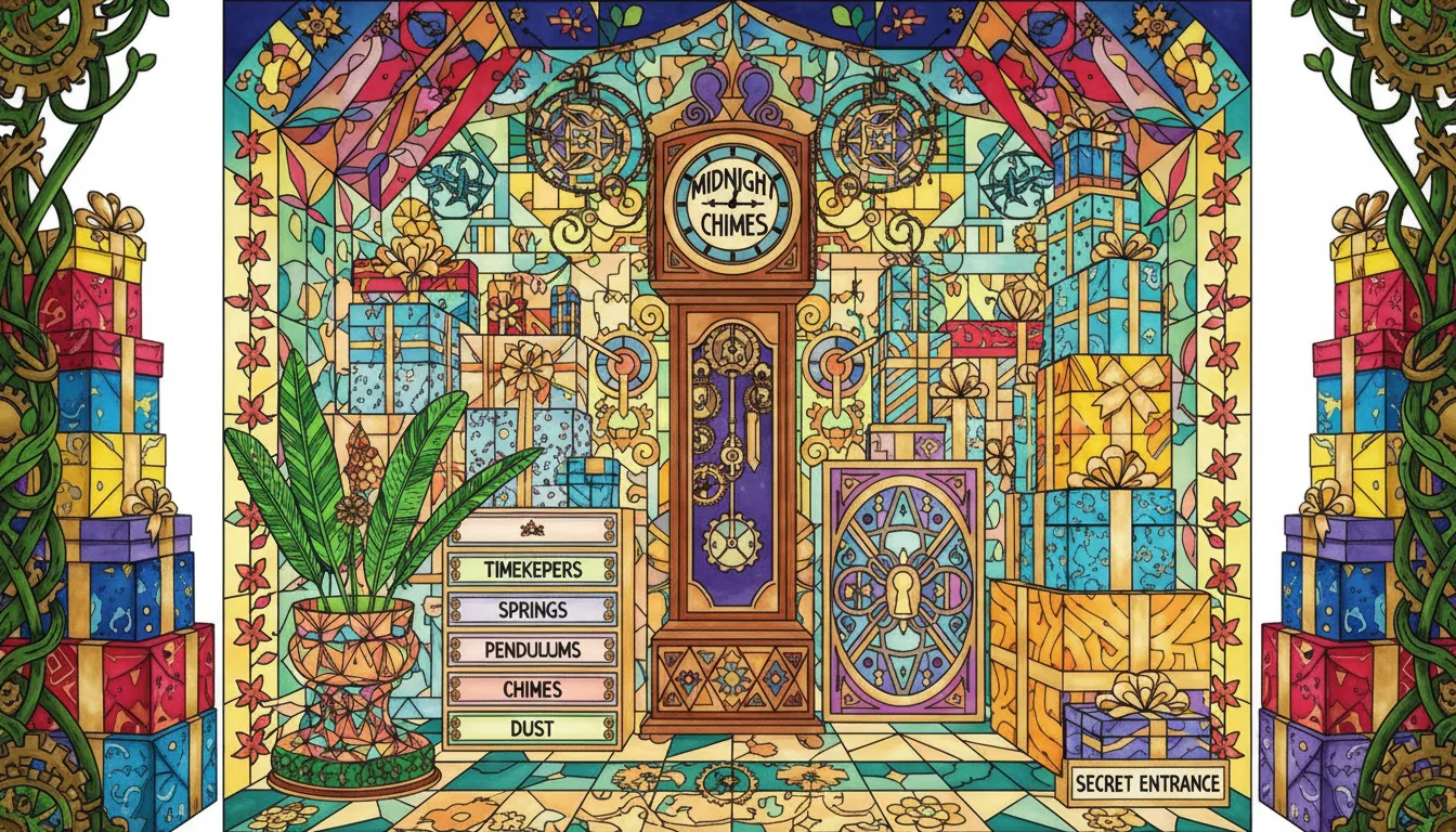 mysterious christmas clockmaker attic scene coloring page to print