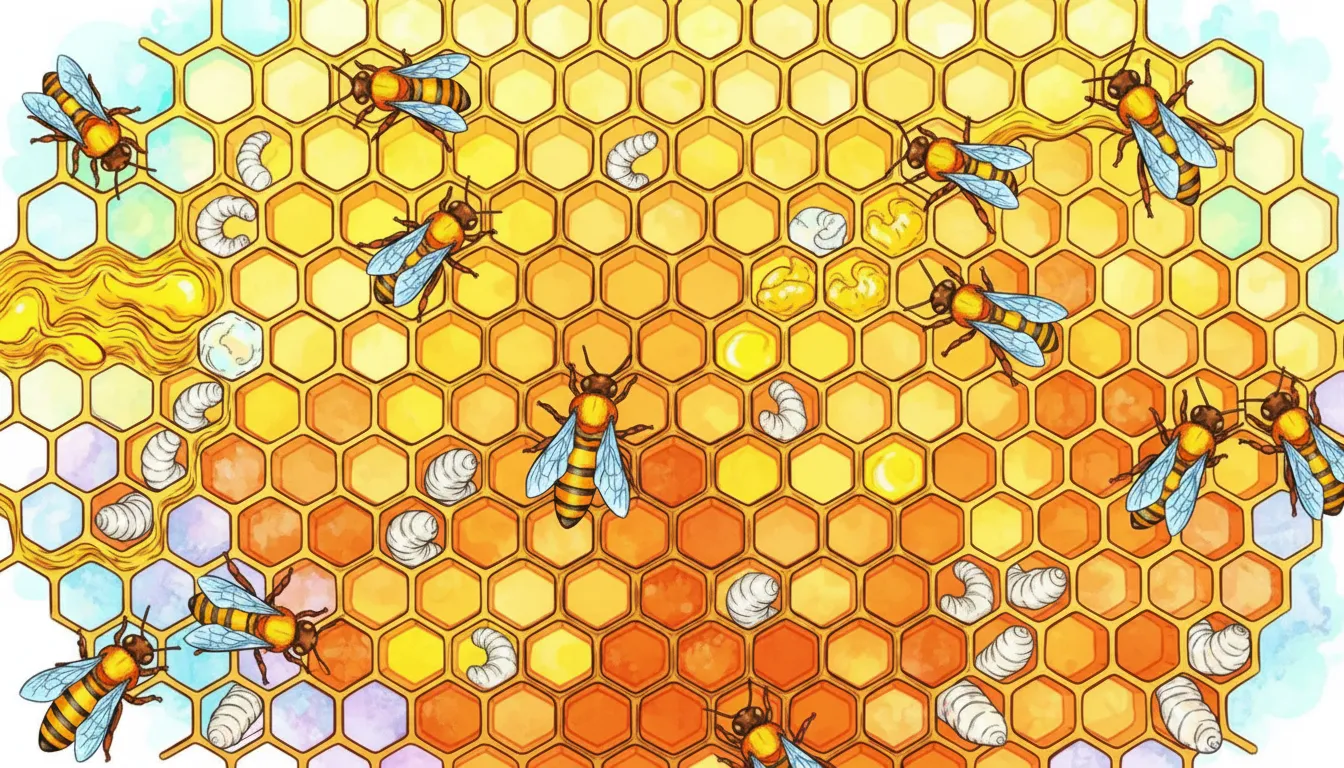Honeycomb with tiny bees working coloring page to print