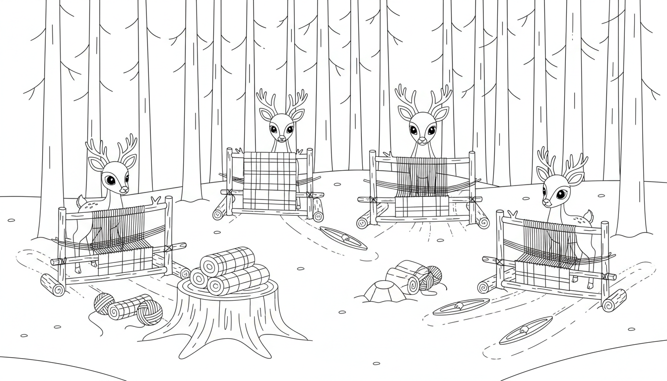 Christmas forest with deer and snow scenes coloring page to print