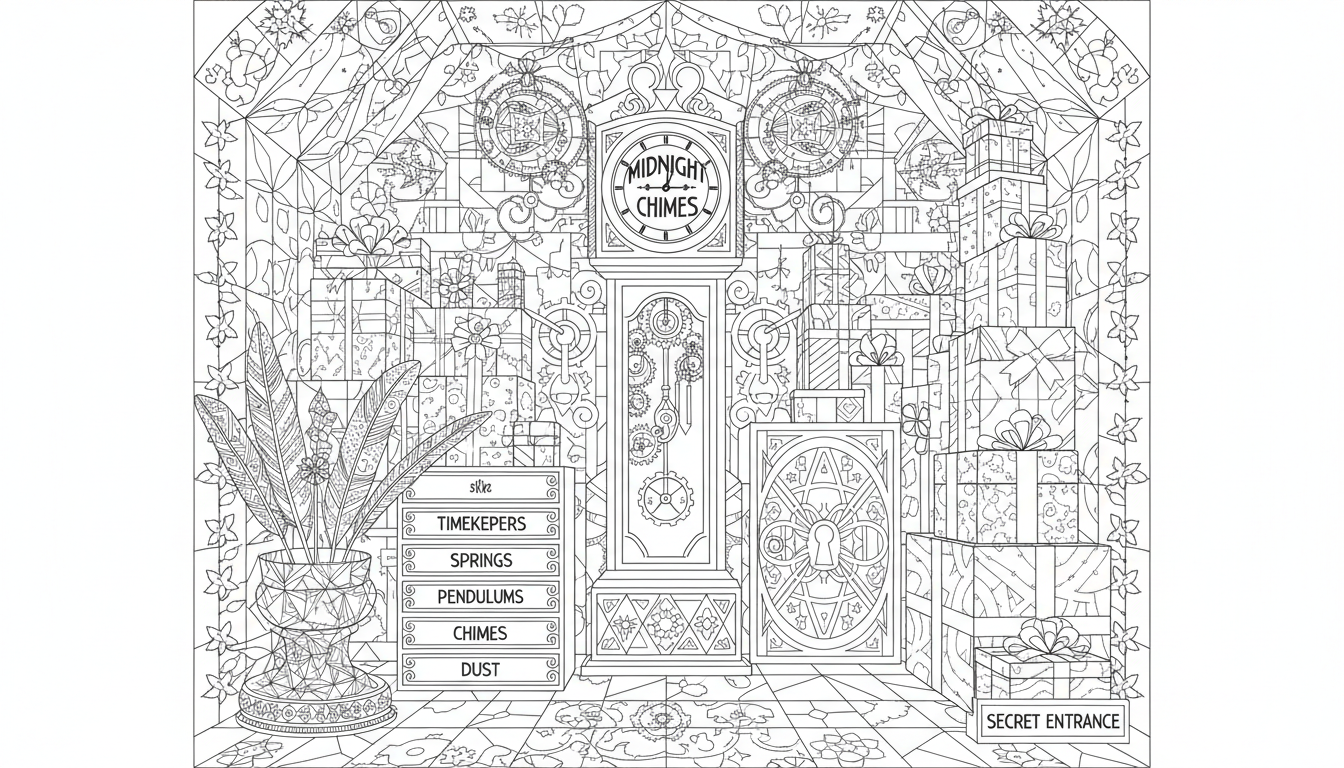 mysterious christmas clockmaker attic scene coloring page to print