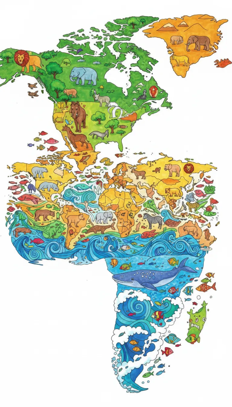 Continents with native animals map coloring page to print