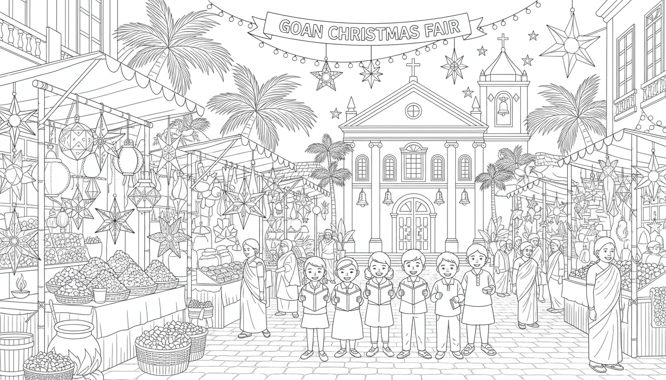 Christmas Diya fair in Goa with lanterns and cashews coloring page to print