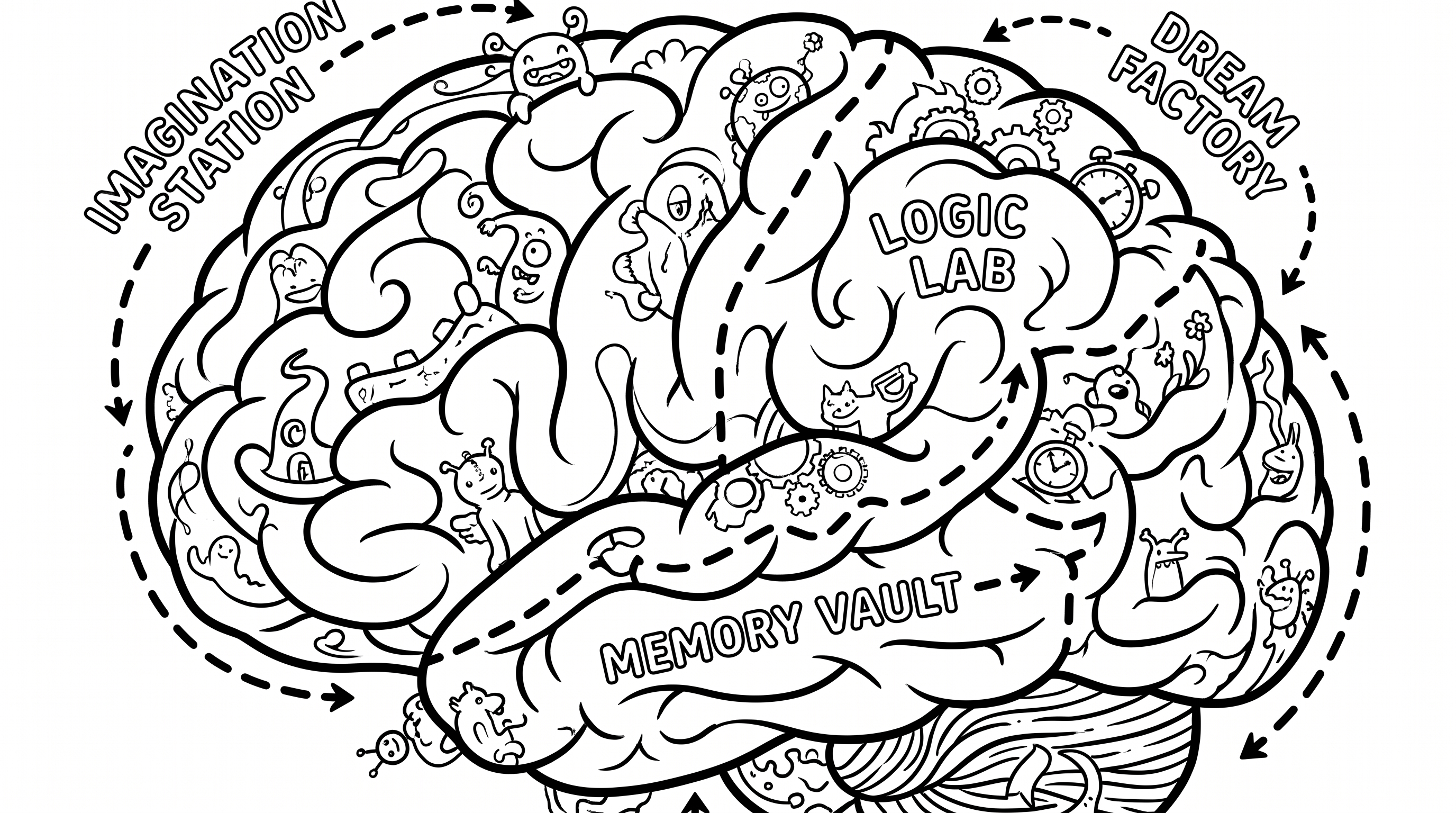 human brain with highlighted regions coloring page to print