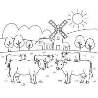 peaceful meadow with farm and grazing cows