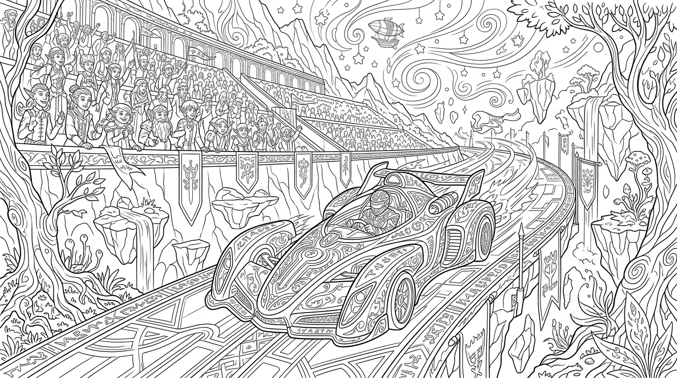 futuristic race car with cheering crowd coloring page to print