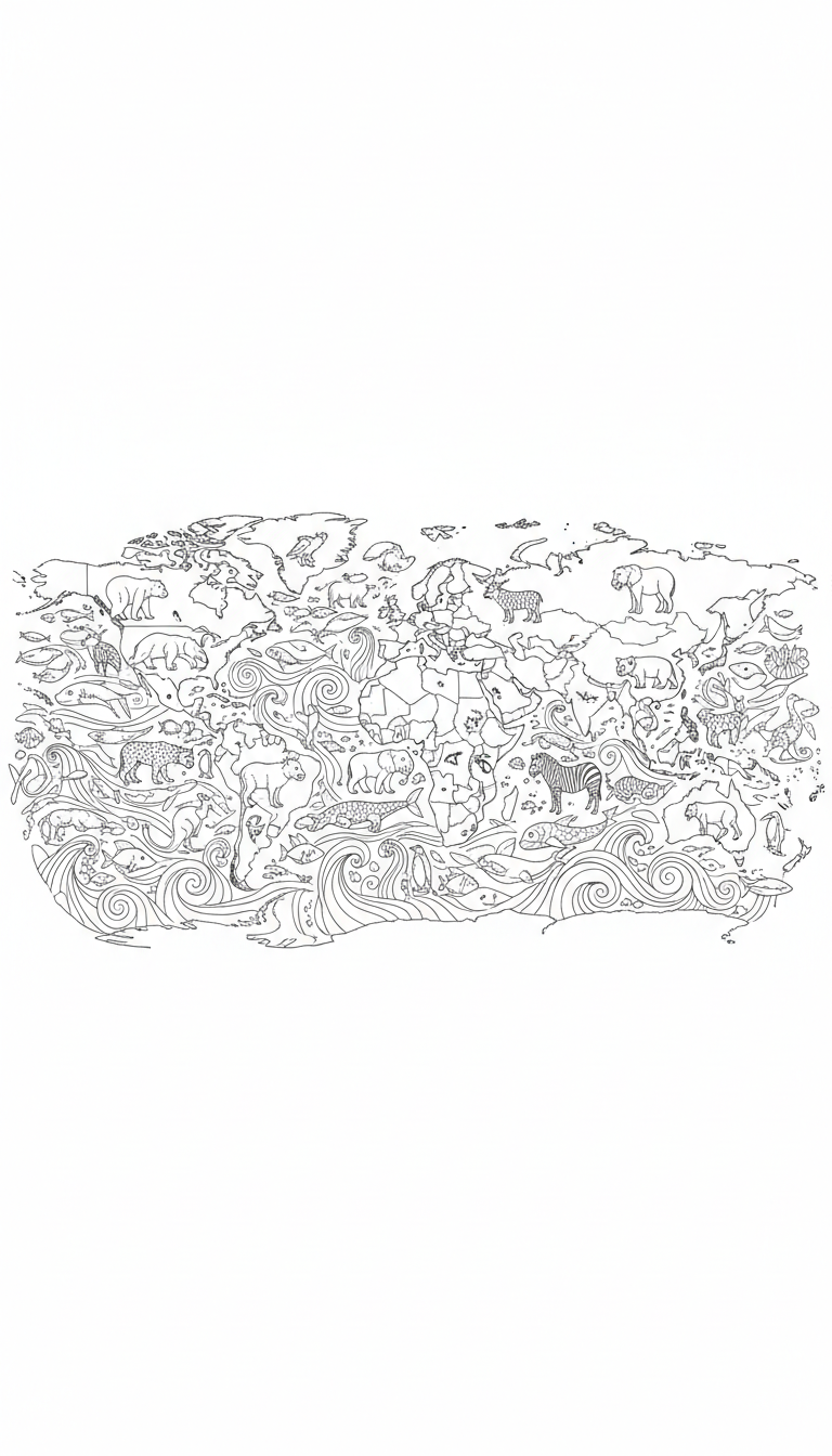 Continents with native animals map coloring page to print