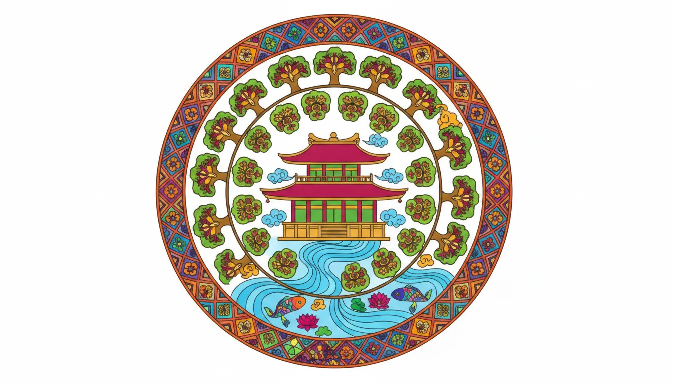 Traditional Japanese temple with cherry blossoms coloring page to print