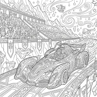 futuristic race car with cheering crowd