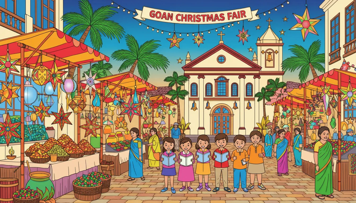 Christmas Diya fair in Goa with lanterns and cashews coloring page to print