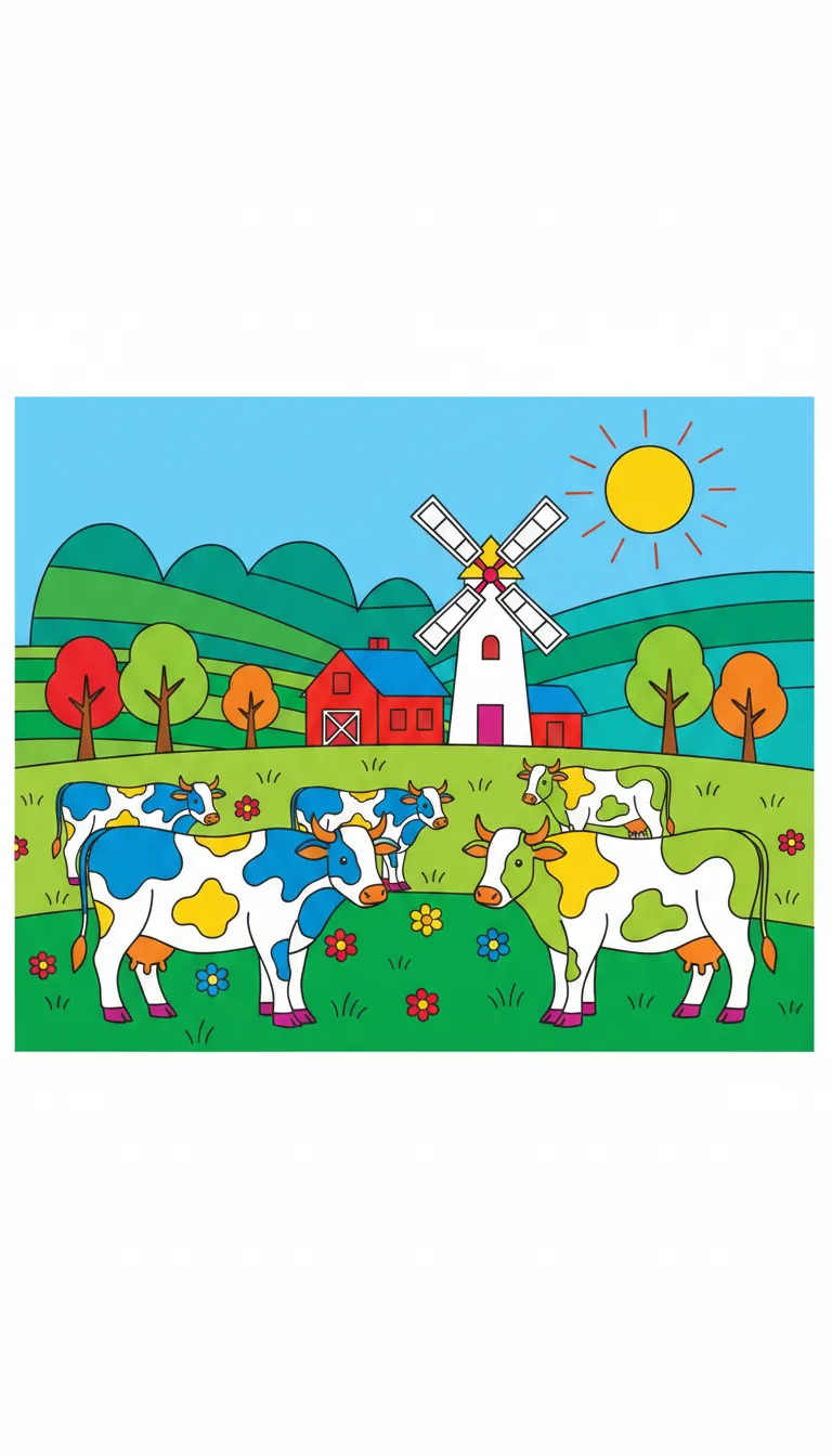 peaceful meadow with farm and grazing cows coloring page to print