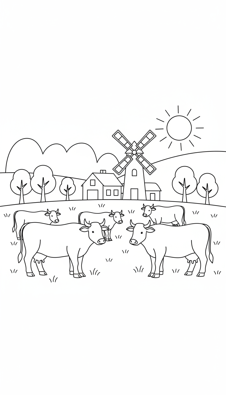 peaceful meadow with farm and grazing cows coloring page to print