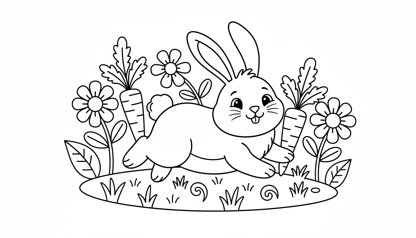 A cute bunny hopping through a garden of carrots and flowers. coloring page to print