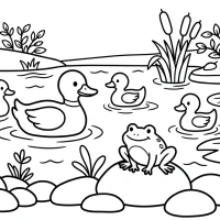 A peaceful pond with ducks swimming, lily pads, and frogs sitting on rocks.
